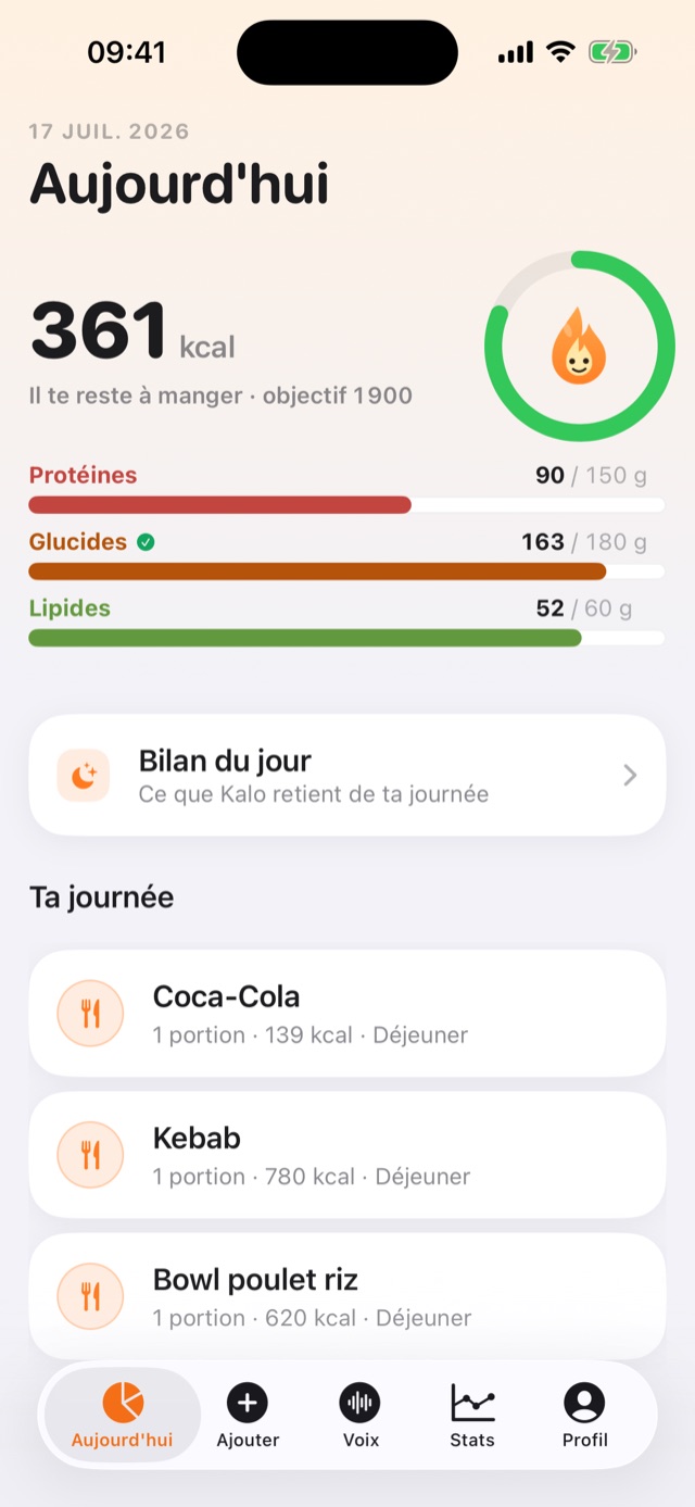 Écran d'accueil KaloTrack